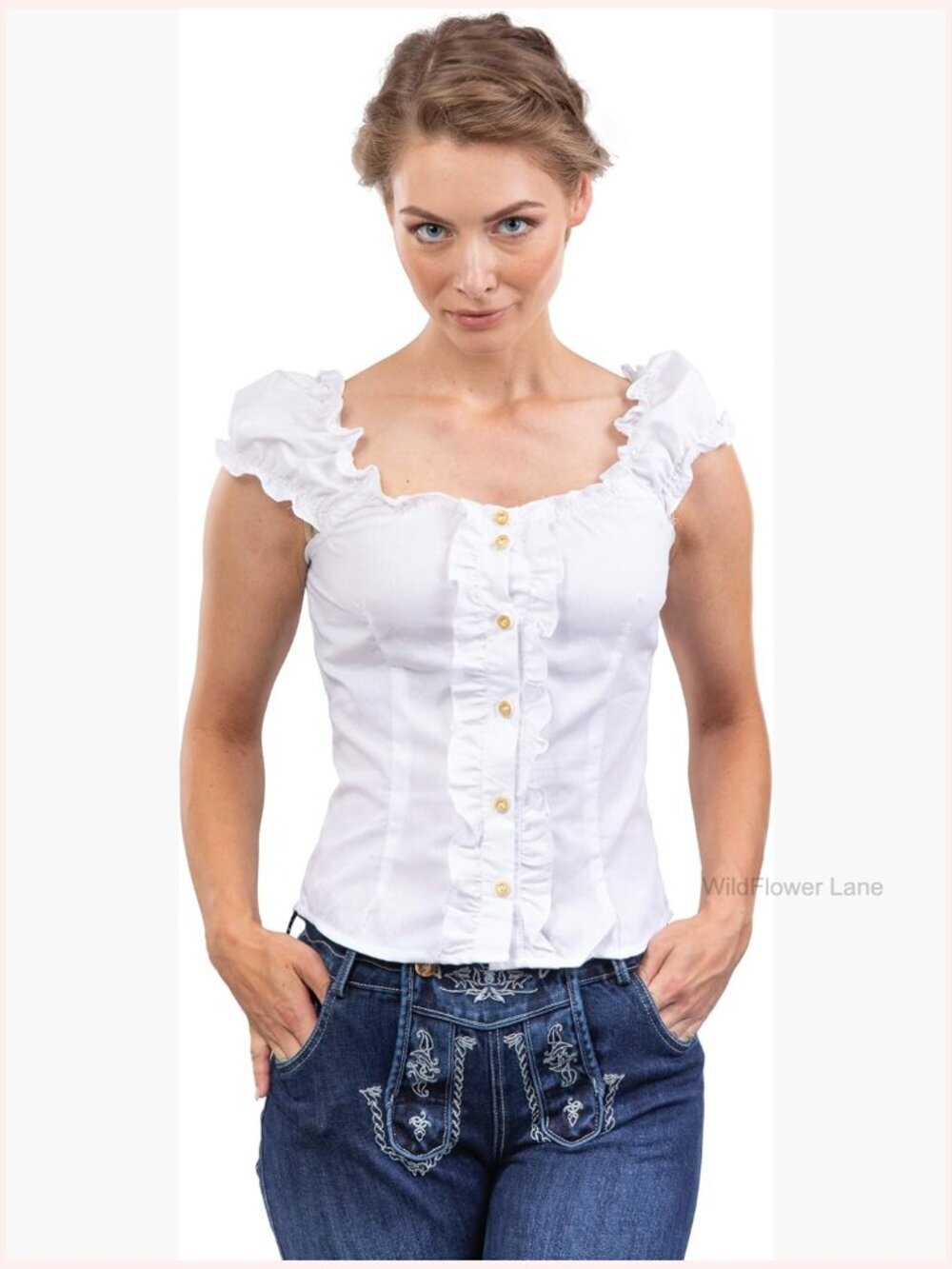 Traditional Oktoberfest Blouse with Back Lacing, Short Sleeve, Cotton